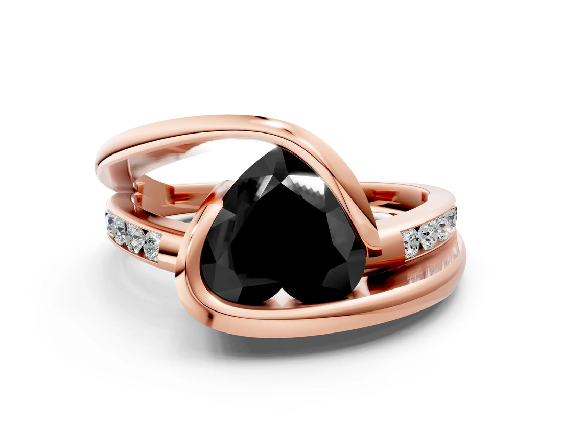 Rose gold Fancy Black Heart Cut Solitaire Tension-Set Diamond Split Shank Ring_12