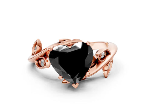 Rose gold Fancy Black Heart Cut Solitaire Twist Engagement Ring with Leaf Accents and Prong Setting_15