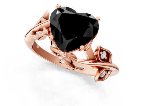 Rose gold Fancy Black Heart Cut Solitaire Twist Engagement Ring with Leaf Accents and Prong Setting_16