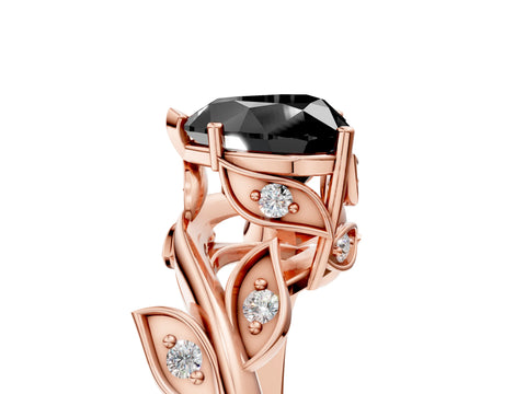 Rose gold Fancy Black Heart Cut Solitaire Twist Engagement Ring with Leaf Accents and Prong Setting_17