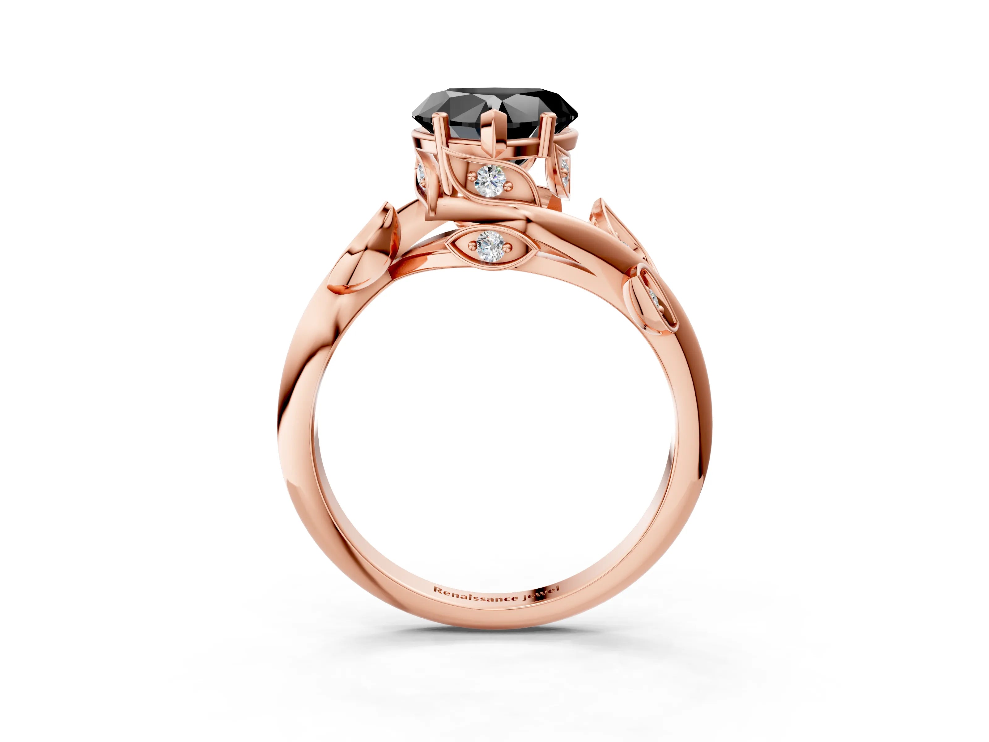 Rose gold Fancy Black Heart Cut Solitaire Twist Engagement Ring with Leaf Accents and Prong Setting_18