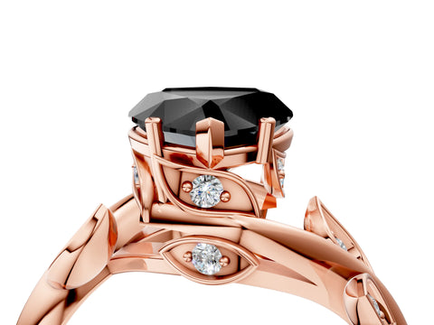 Rose gold Fancy Black Heart Cut Solitaire Twist Engagement Ring with Leaf Accents and Prong Setting_19