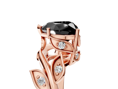 Rose gold Fancy Black Heart Cut Solitaire Twist Engagement Ring with Leaf Accents and Prong Setting_20