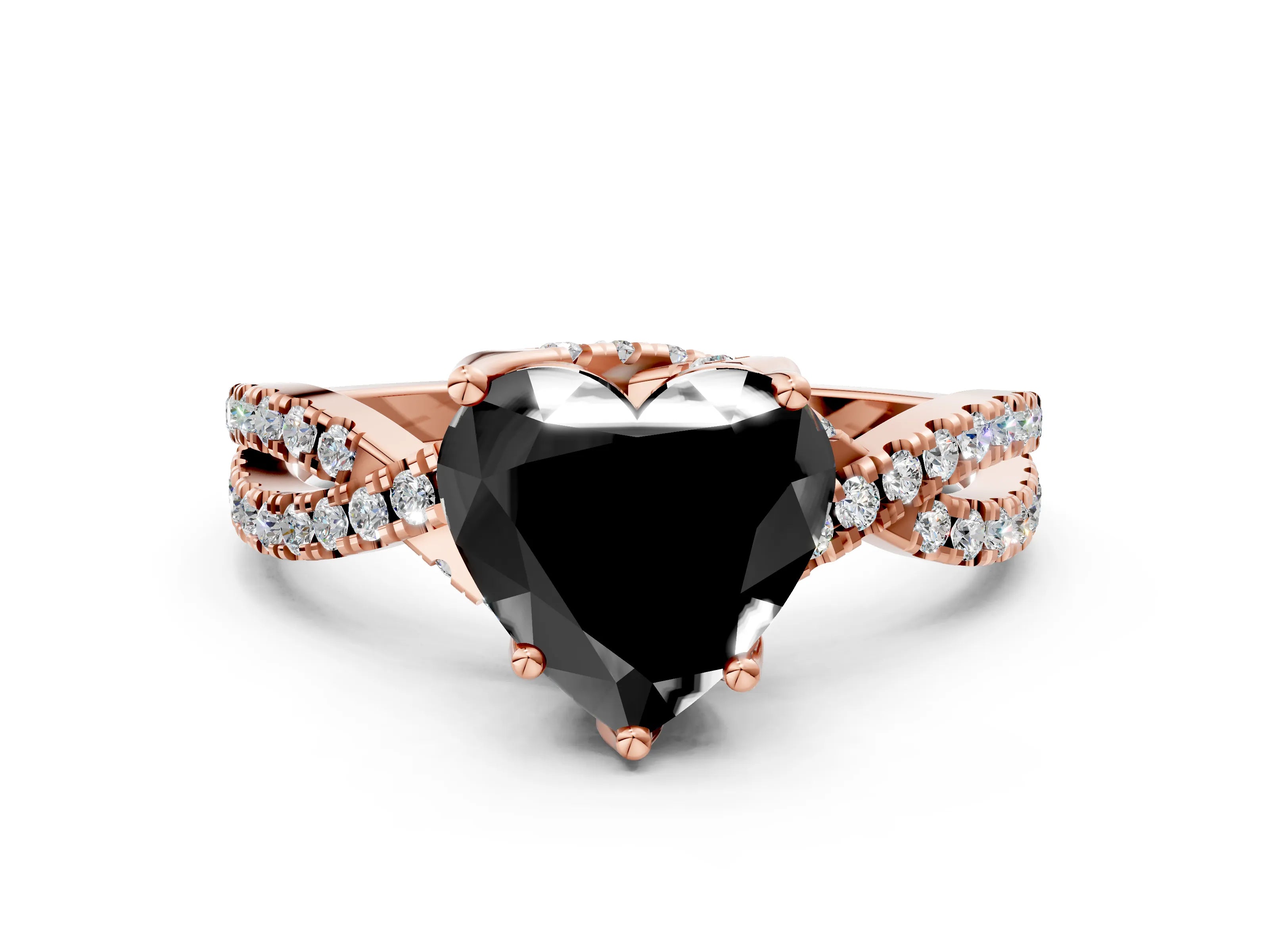 Rose gold Fancy Black Heart Cut Solitaire Twist Pave Diamond Engagement Ring with Prong Setting
