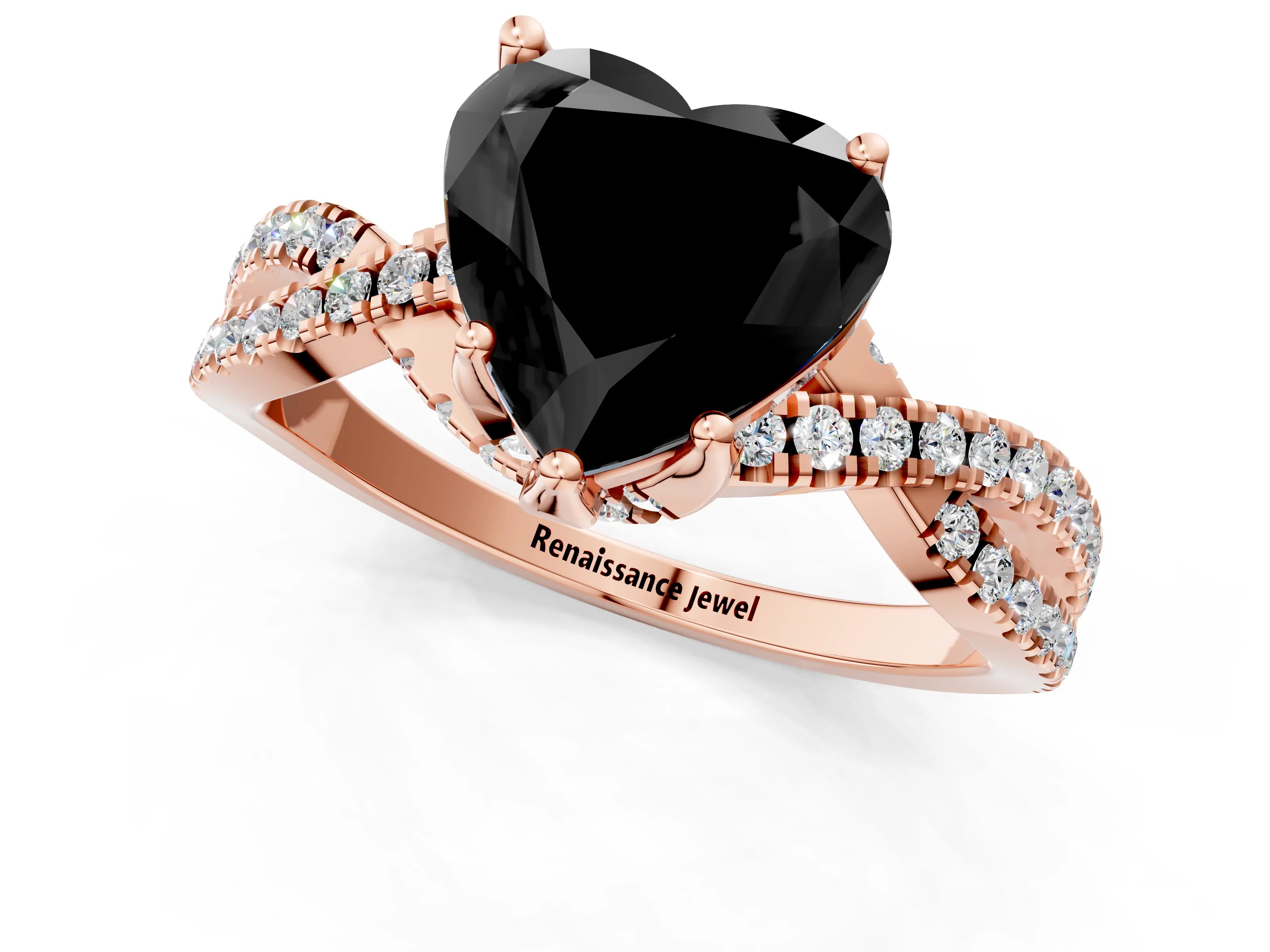 Rose gold Fancy Black Heart Cut Solitaire Twist Pave Diamond Engagement Ring with Prong Setting_1