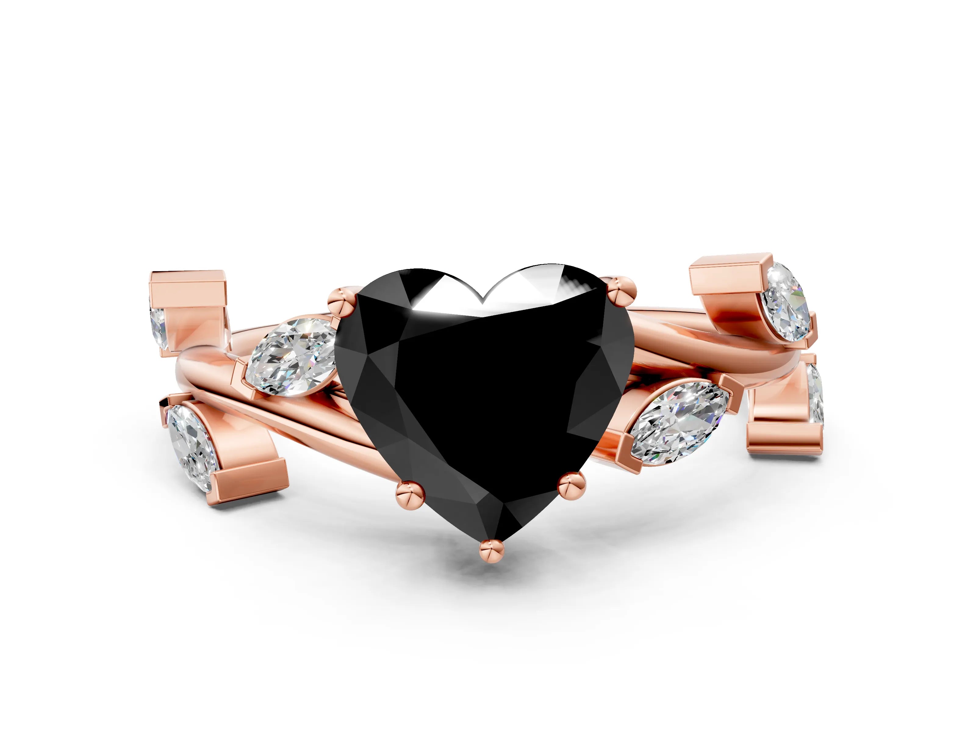 Rose gold Fancy Black Heart Cut Solitaire Twisted Band Marquise Accent Prong Setting Ring