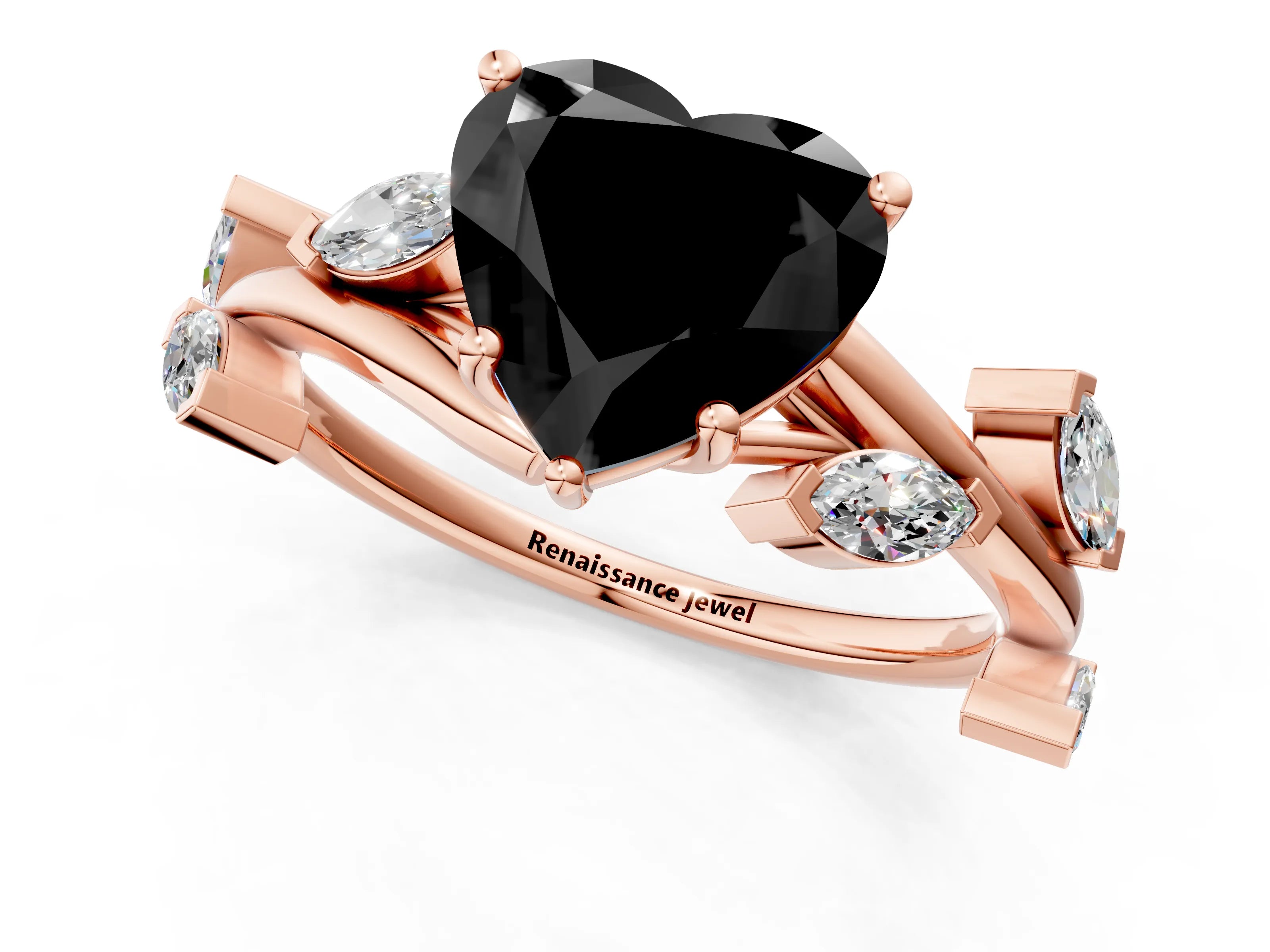 Rose gold Fancy Black Heart Cut Solitaire Twisted Band Marquise Accent Prong Setting Ring_1
