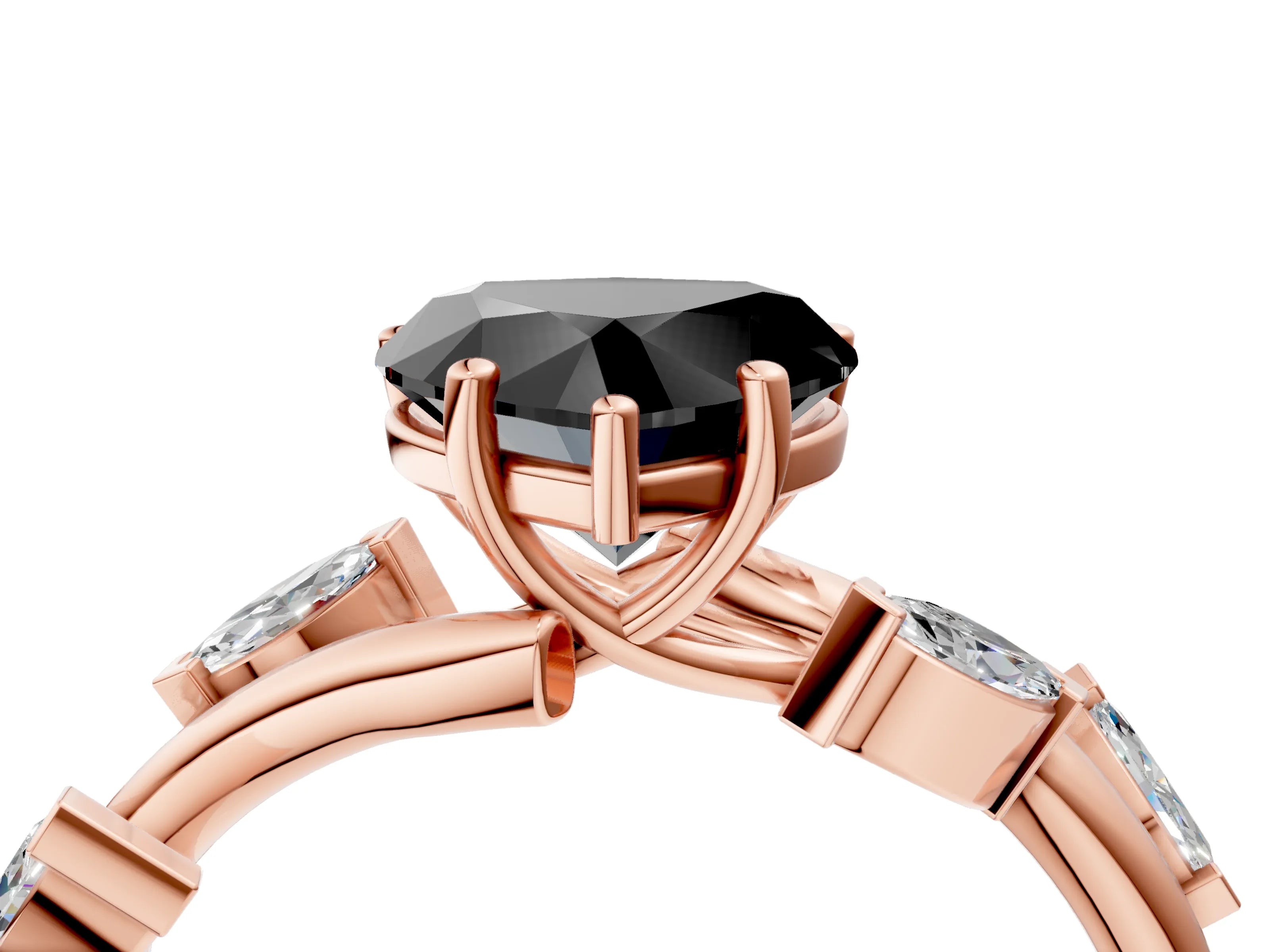 Rose gold Fancy Black Heart Cut Solitaire Twisted Band Marquise Accent Prong Setting Ring_4