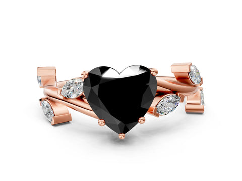 Rose gold Fancy Black Heart Cut Solitaire Twisted Band Marquise Accent Prong Setting Ring