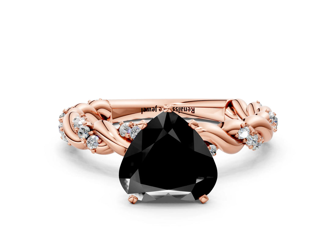 Rose gold Fancy Black Heart Cut Solitaire Twisted Band with Pavé Accents and Four-Prong Setting