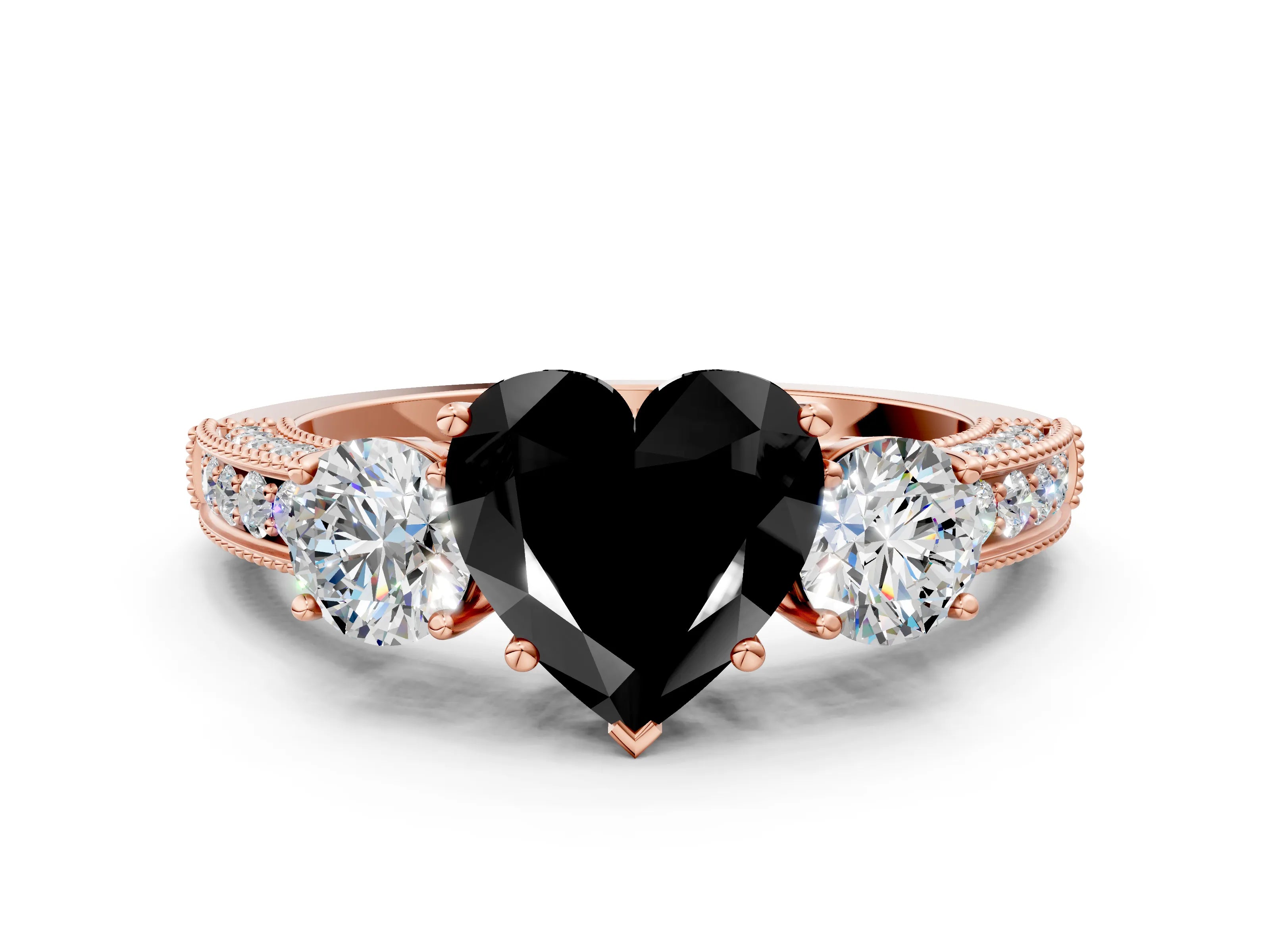 Rose gold Fancy Black Heart Cut Three-Stone Diamond Ring with Pavé Band and Four-Prong Setting