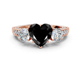 Rose gold Fancy Black Heart Cut Three-Stone Diamond Ring with Pavé Band and Four-Prong Setting