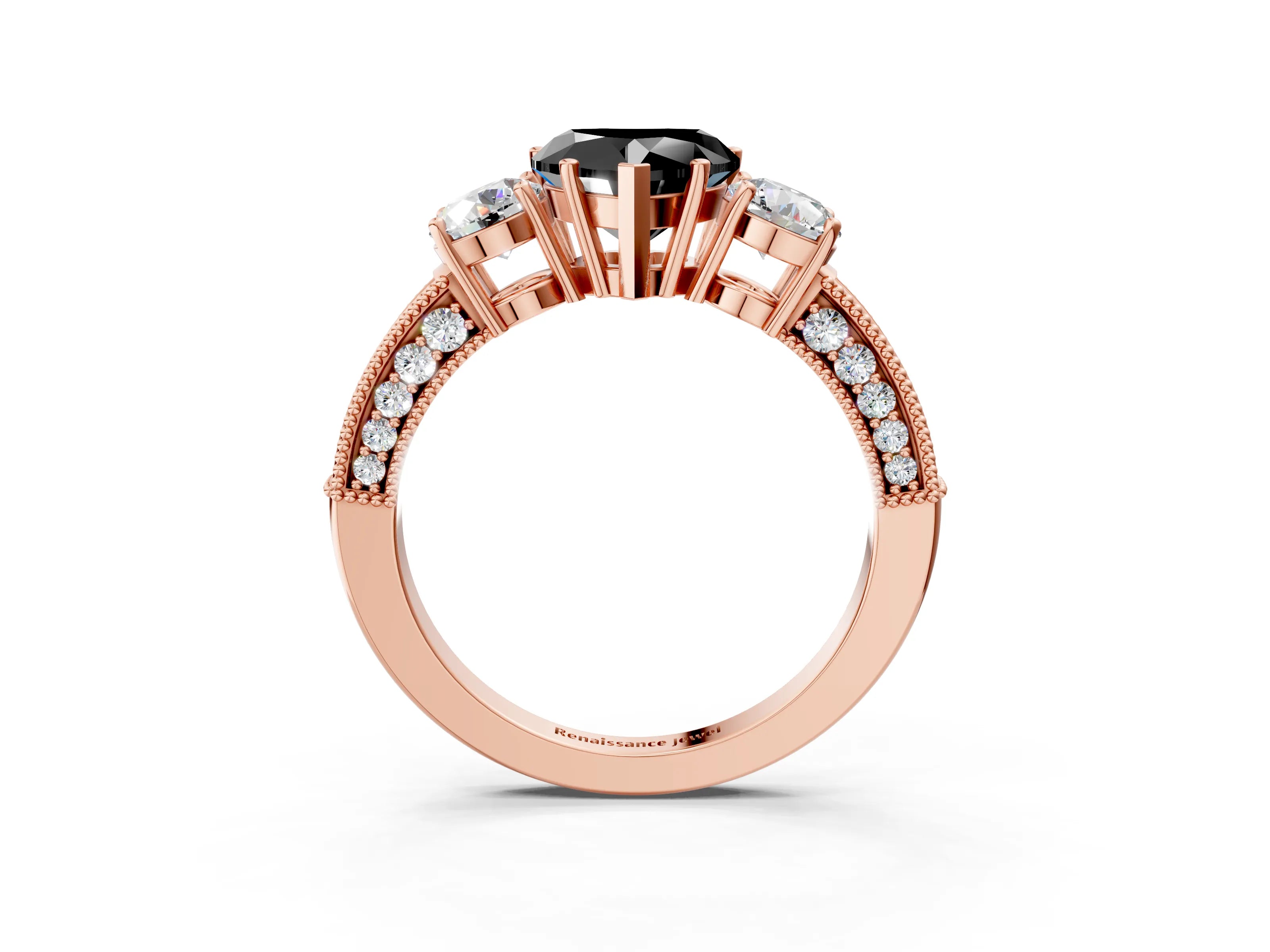 Rose gold Fancy Black Heart Cut Three-Stone Diamond Ring with Pavé Band and Four-Prong Setting_3