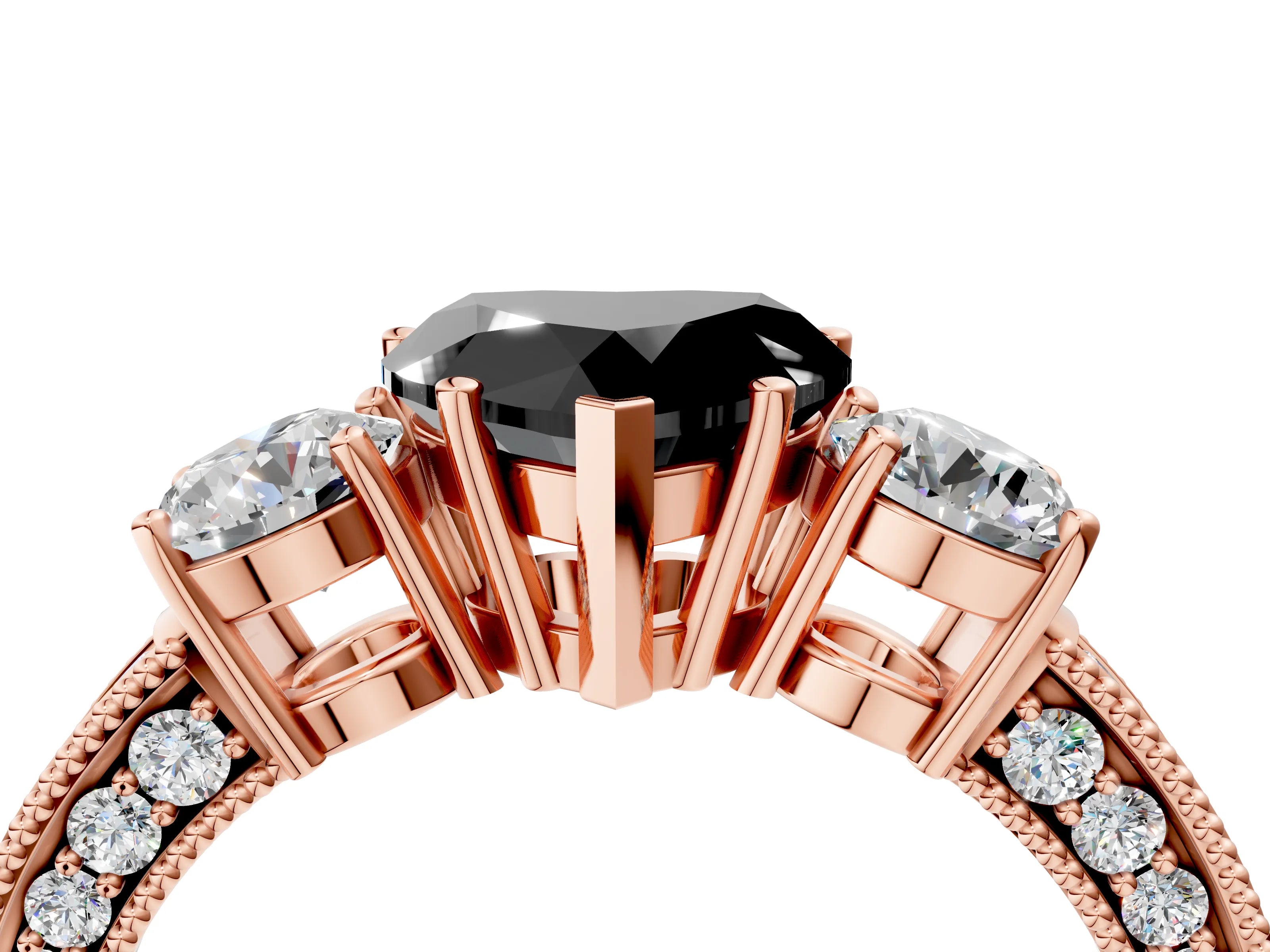 Rose gold Fancy Black Heart Cut Three-Stone Diamond Ring with Pavé Band and Four-Prong Setting_4