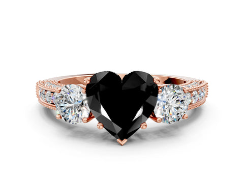 Rose gold Fancy Black Heart Cut Three-Stone Diamond Ring with Pavé Band and Four-Prong Setting