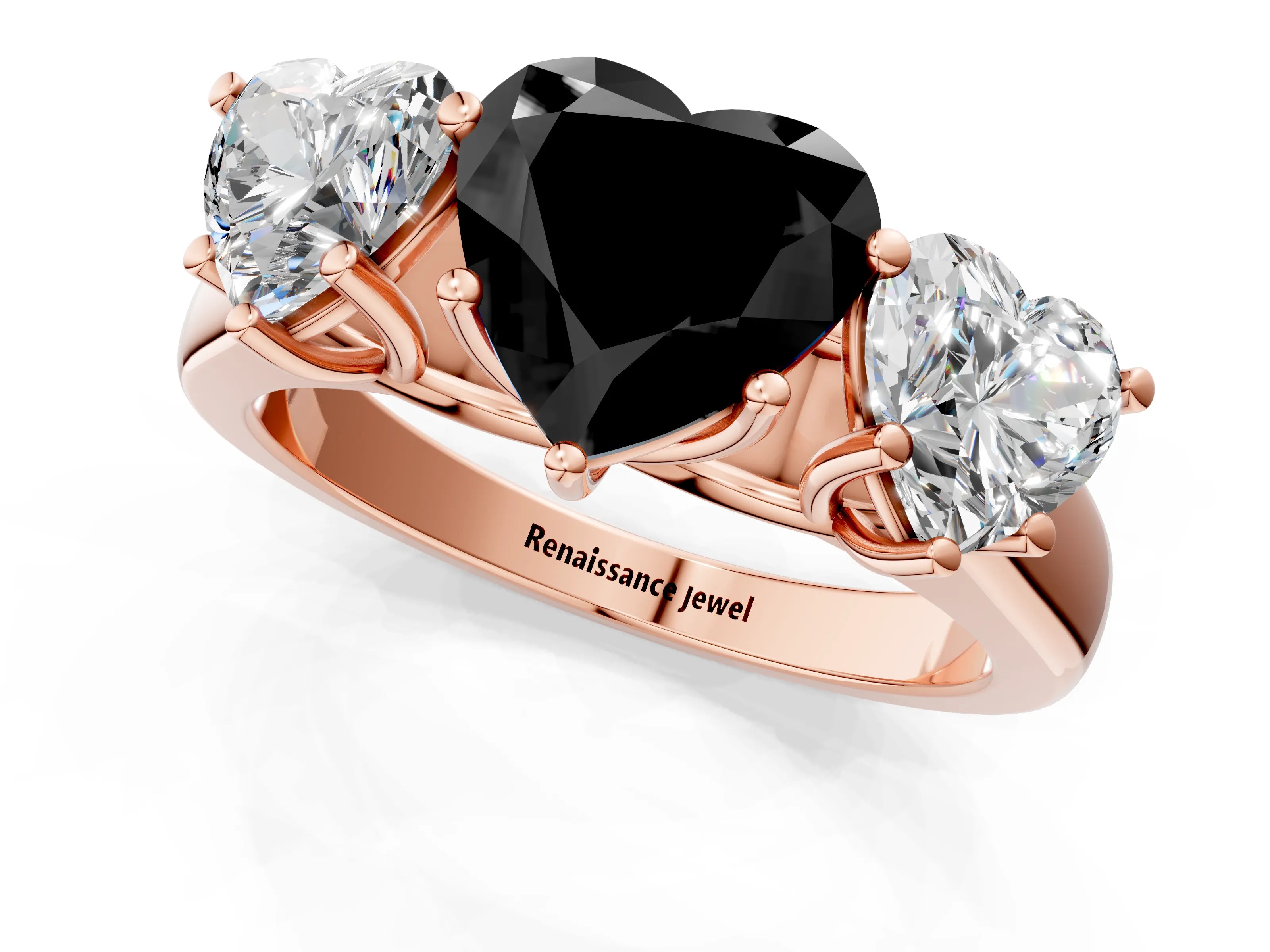 Rose gold Fancy Black Heart Cut Three-Stone Diamond Ring with Prong Setting on a Classic Band_1