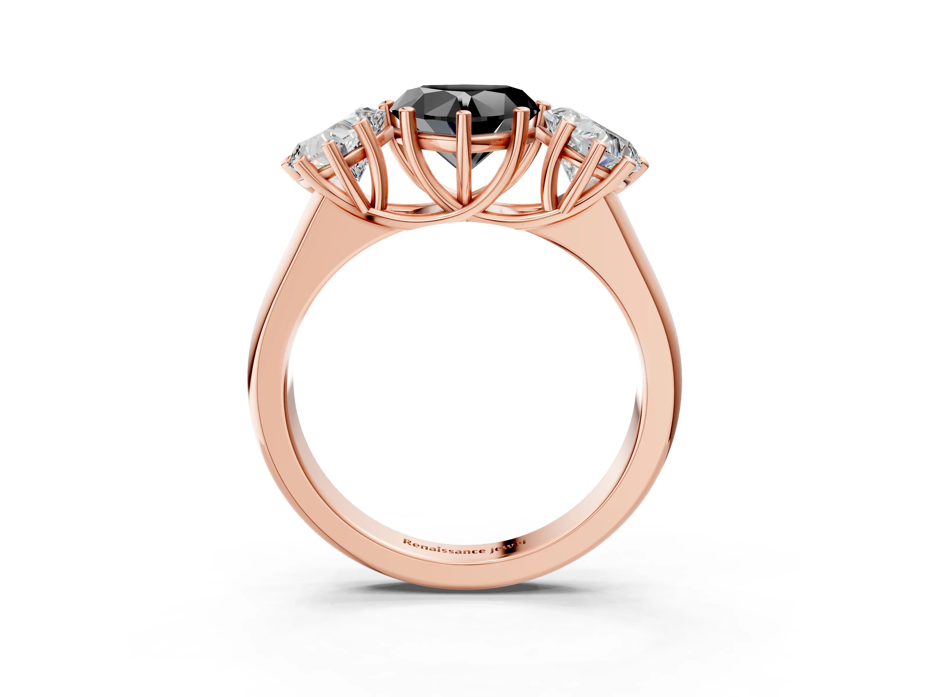 Rose gold Fancy Black Heart Cut Three-Stone Diamond Ring with Prong Setting on a Classic Band_3