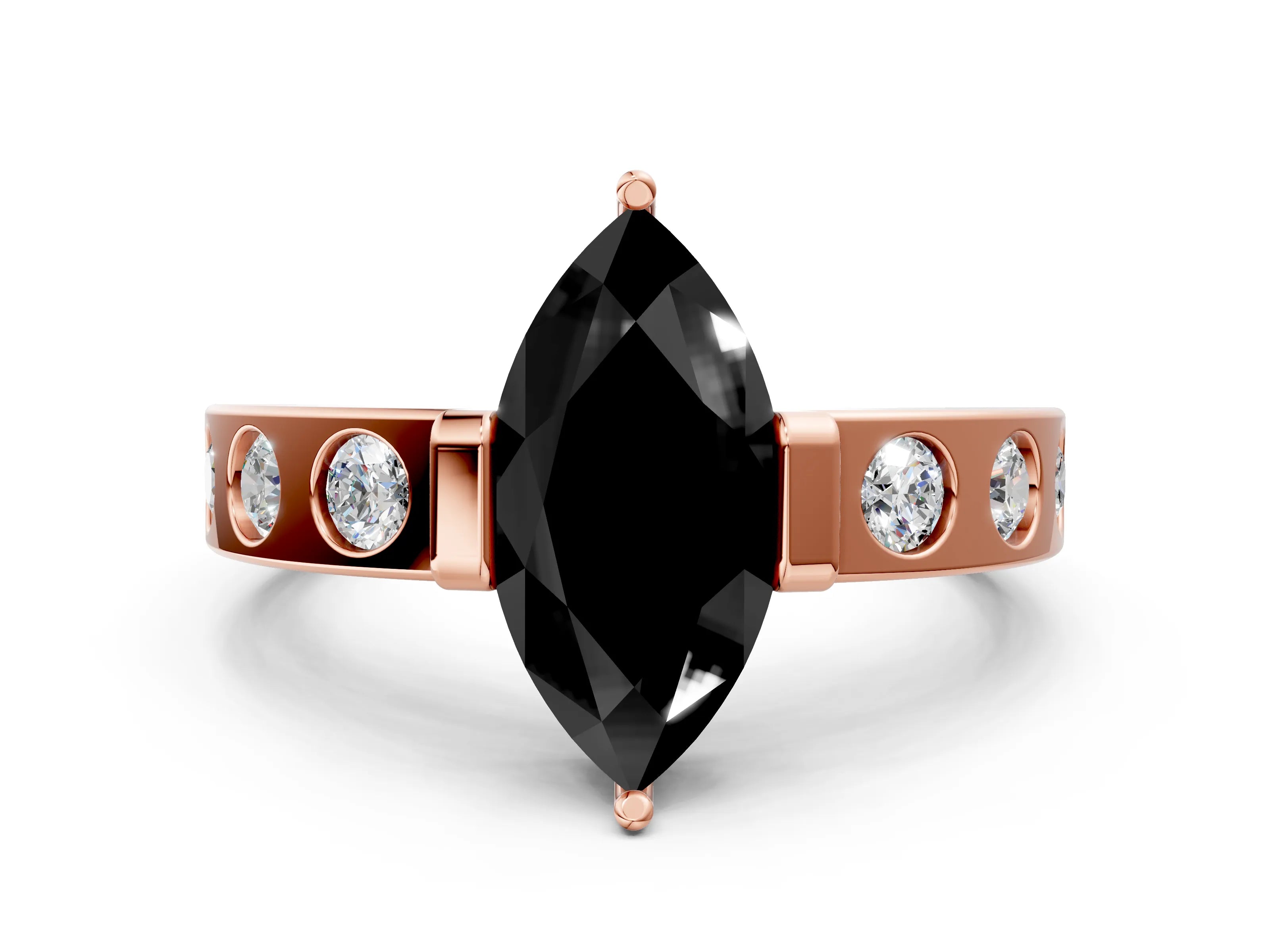 Rose gold Fancy Black Marquise Cut Brilliant Channel-Set Diamond Ring with Bezel Prong Setting