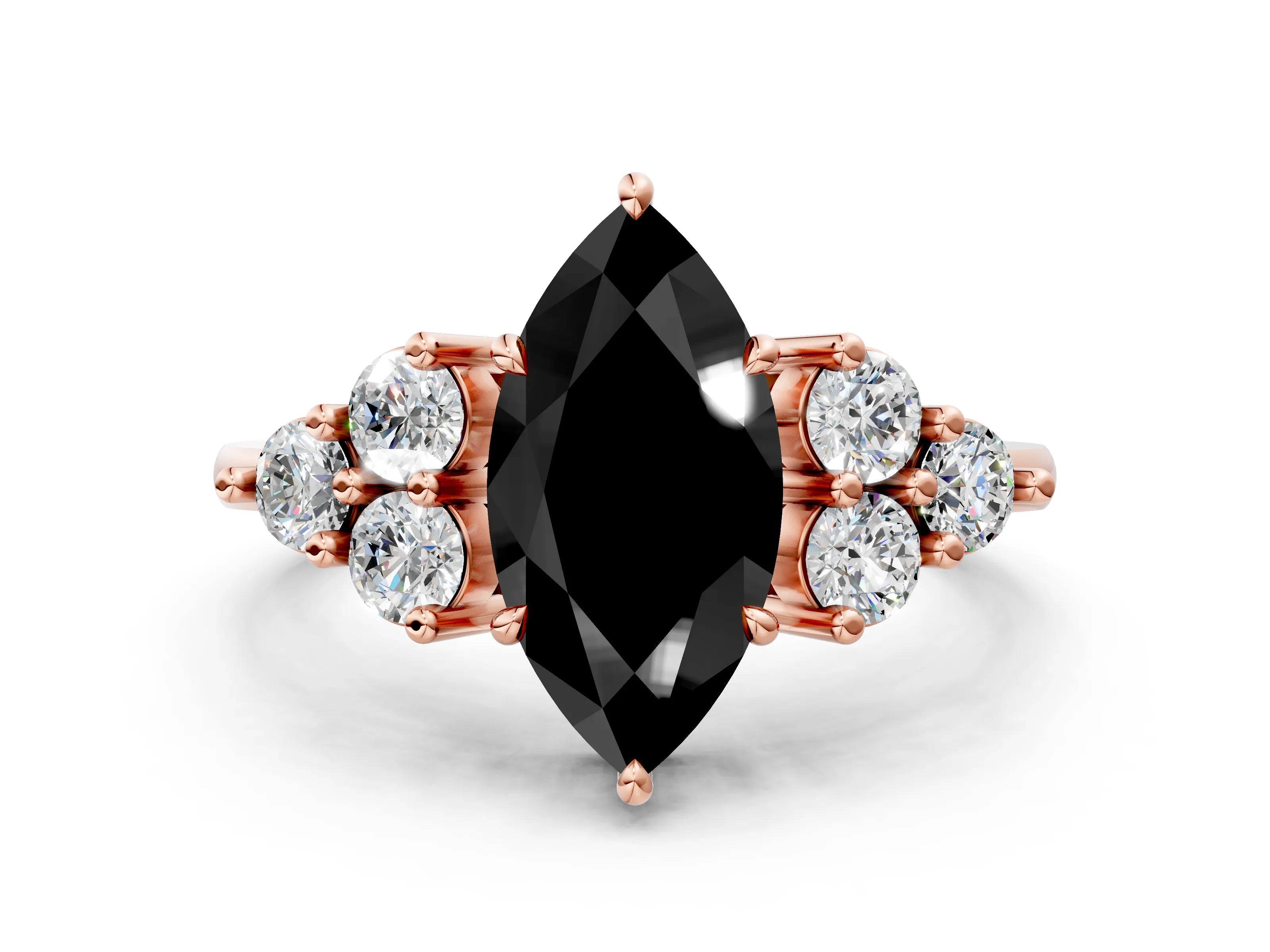 Rose gold Fancy Black Marquise Cut Brilliant Diamond Cluster Accent Solitaire Ring with Prong Setting