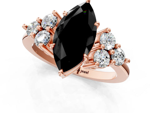 Rose gold Fancy Black Marquise Cut Brilliant Diamond Cluster Accent Solitaire Ring with Prong Setting_1