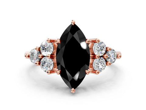 Rose gold Fancy Black Marquise Cut Brilliant Diamond Cluster Accent Solitaire Ring with Prong Setting