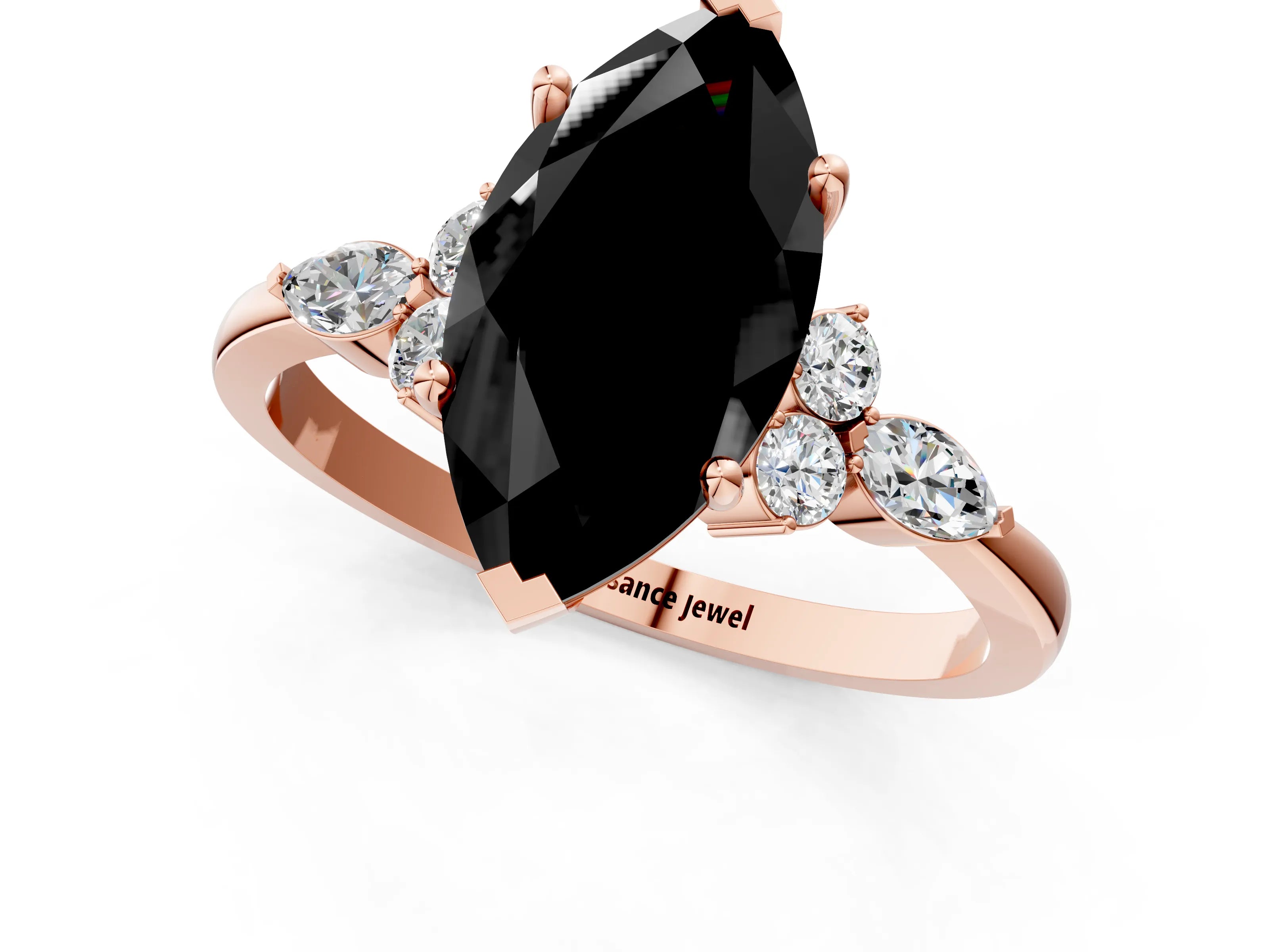 Rose gold Fancy Black Marquise Cut Brilliant Diamond Solitaire Ring with Pear Side Stones and Four-Prong Setting_4