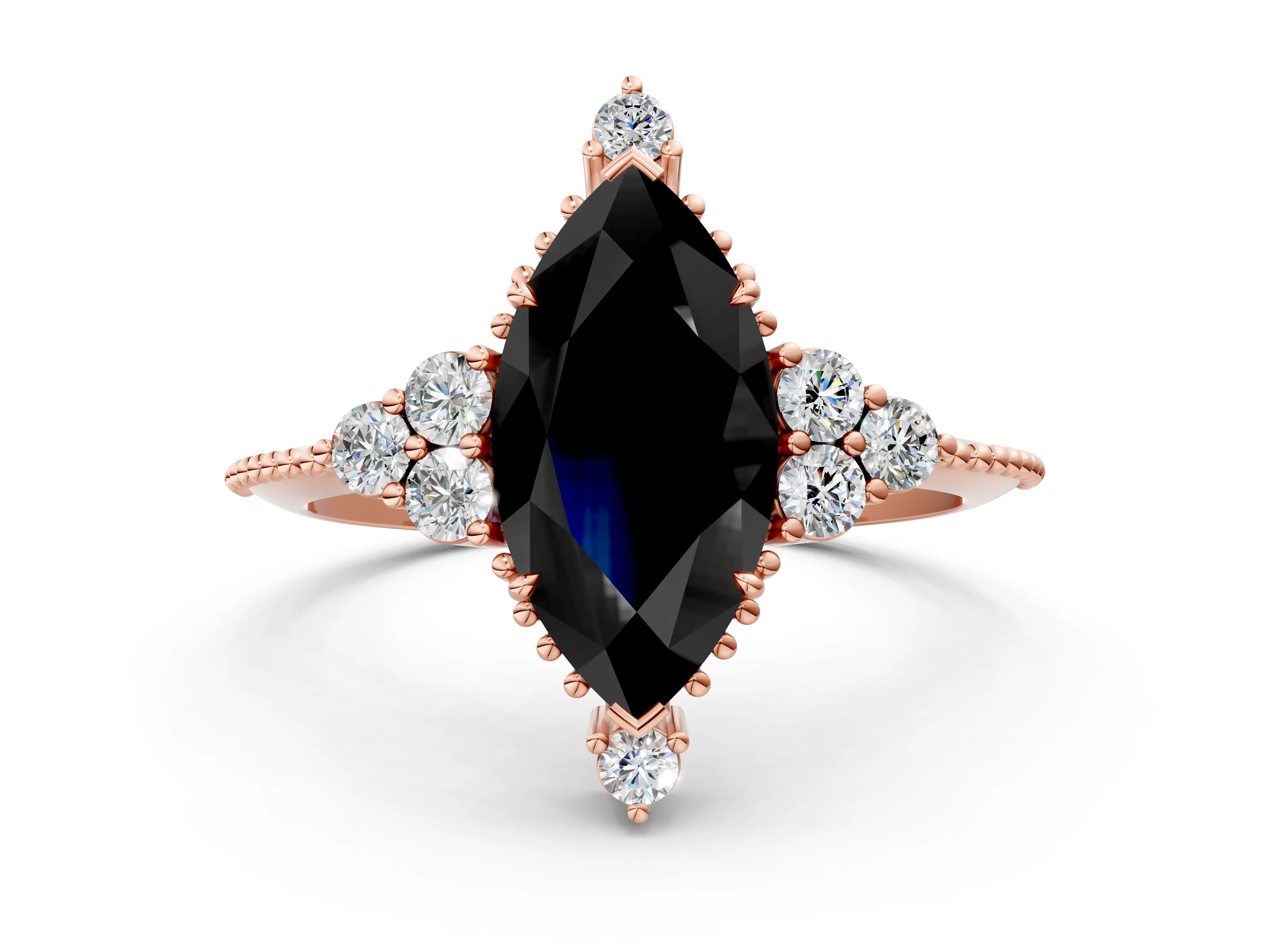 Rose gold Fancy Black Marquise Cut Brilliant Diamond with Cluster Setting on a Beaded Band and Four-Prong Setting