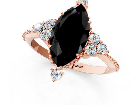 Rose gold Fancy Black Marquise Cut Brilliant Diamond with Cluster Setting on a Beaded Band and Four-Prong Setting_1