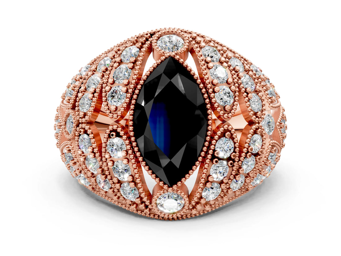 Rose gold Fancy Black Marquise Cut Brilliant Halo Pave Diamond Milgrain Ring