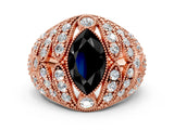 Rose gold Fancy Black Marquise Cut Brilliant Halo Pave Diamond Milgrain Ring