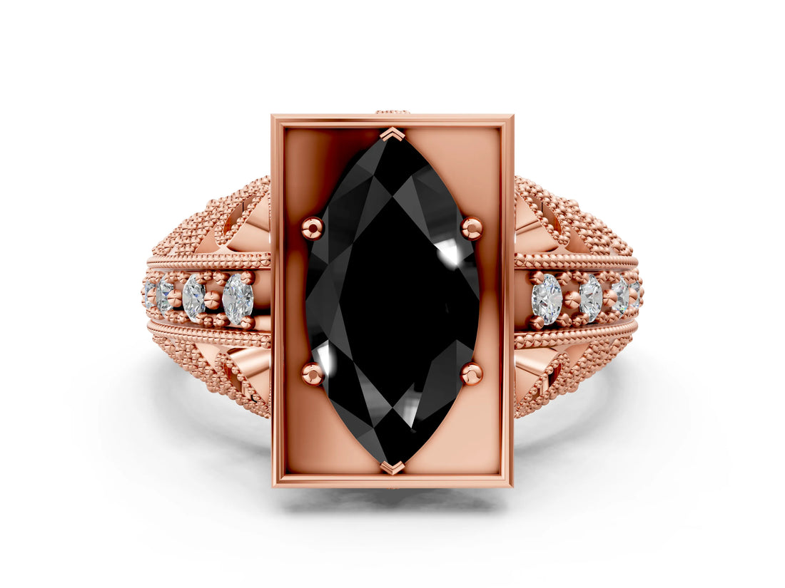 Rose gold Fancy Black Marquise Cut Brilliant Milgrain Filigree Diamond Ring with Square Prong Setting_12