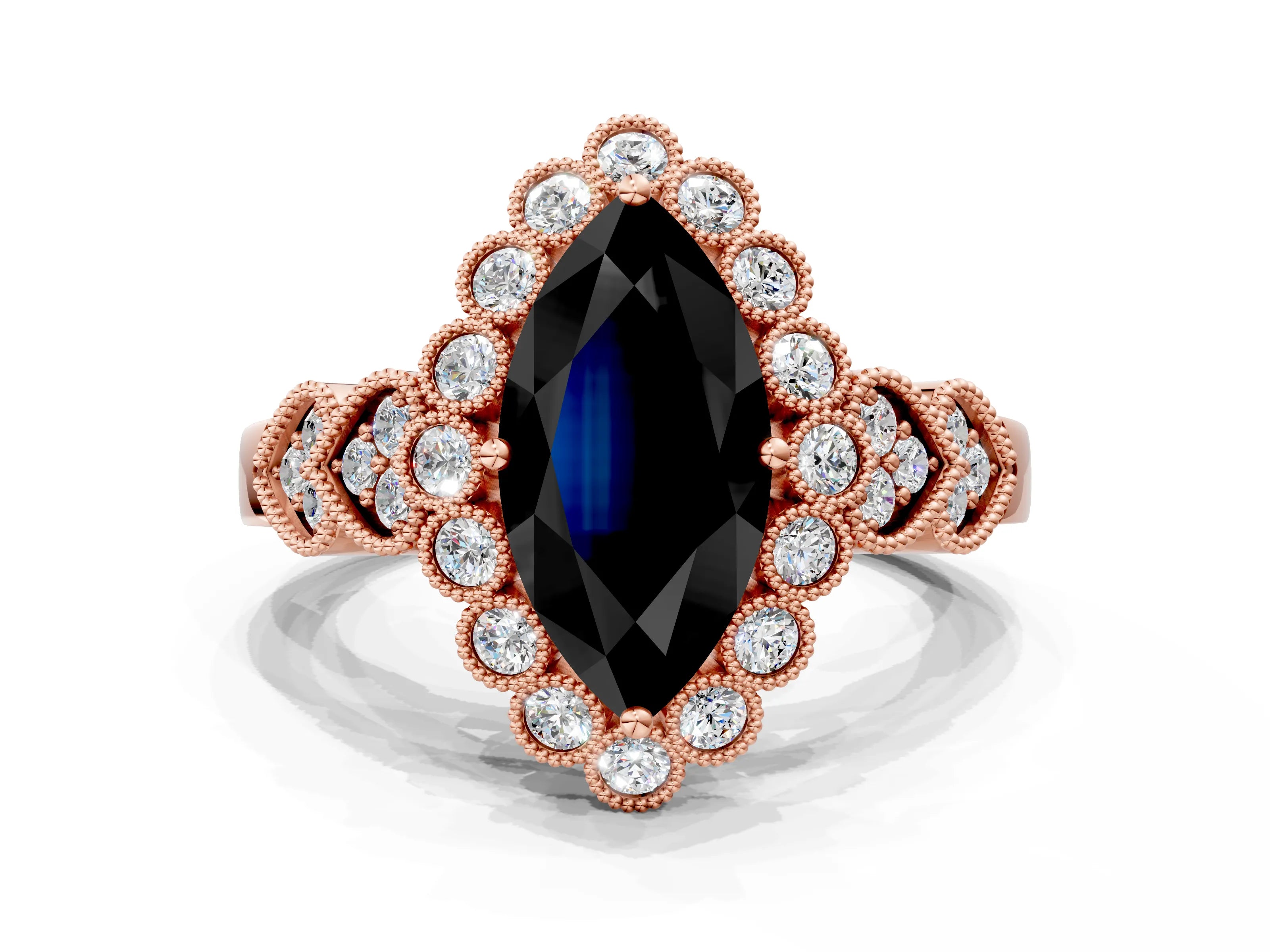 Rose gold Fancy Black Marquise Cut Brilliant Milgrain Pave Heart Band Solitaire Ring