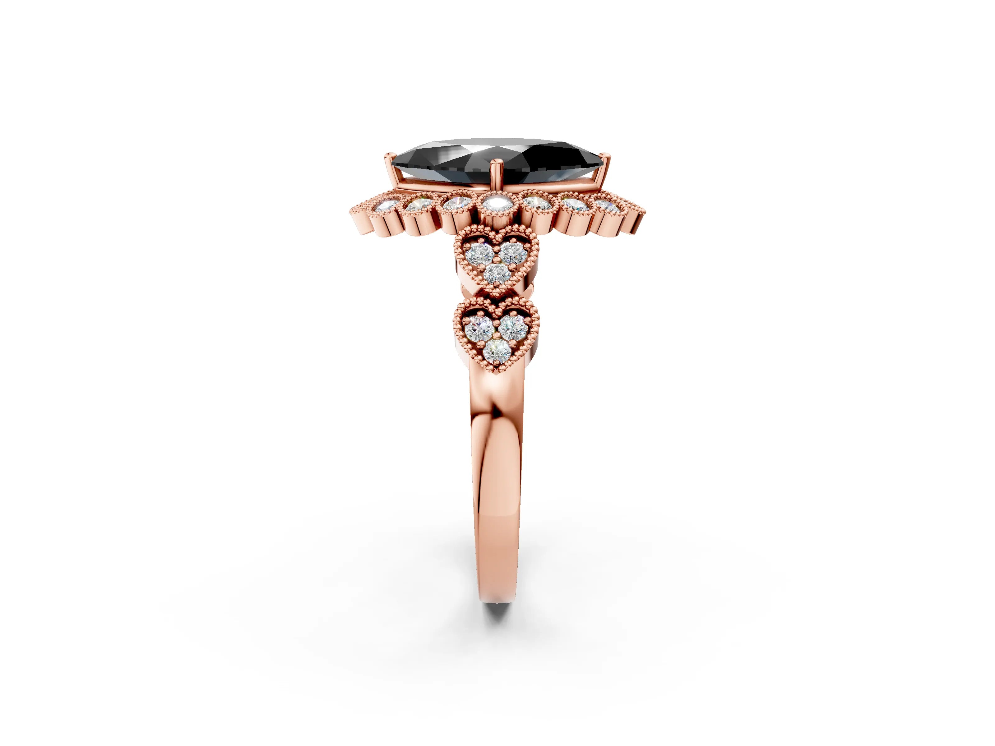Rose gold Fancy Black Marquise Cut Brilliant Milgrain Pave Heart Band Solitaire Ring_2