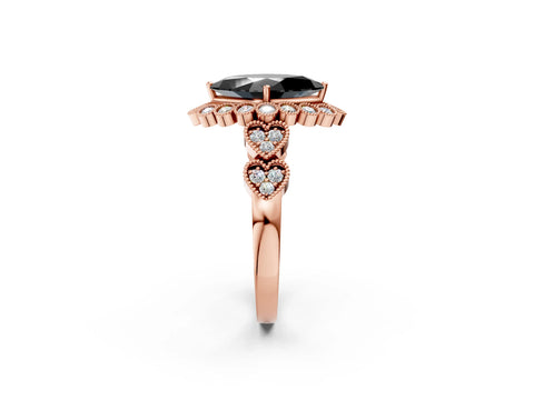Rose gold Fancy Black Marquise Cut Brilliant Milgrain Pave Heart Band Solitaire Ring_2