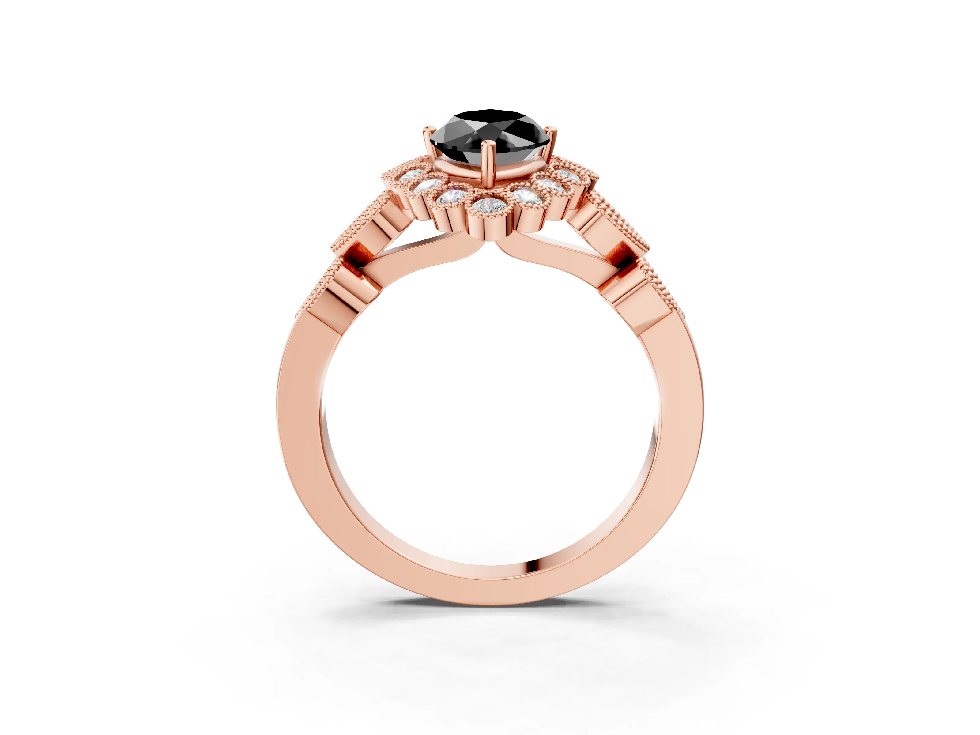 Rose gold Fancy Black Marquise Cut Brilliant Milgrain Pave Heart Band Solitaire Ring_3