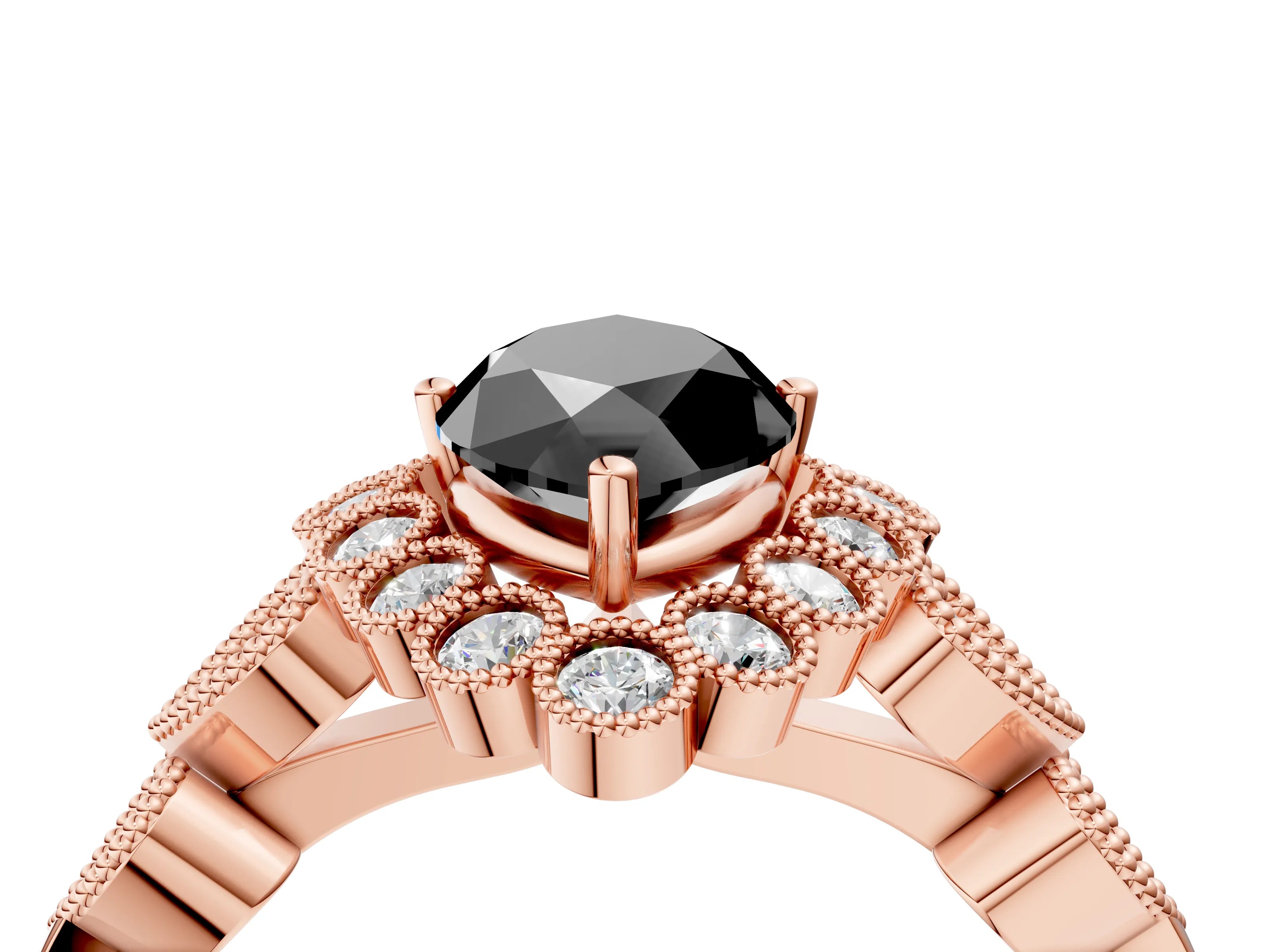 Rose gold Fancy Black Marquise Cut Brilliant Milgrain Pave Heart Band Solitaire Ring_4