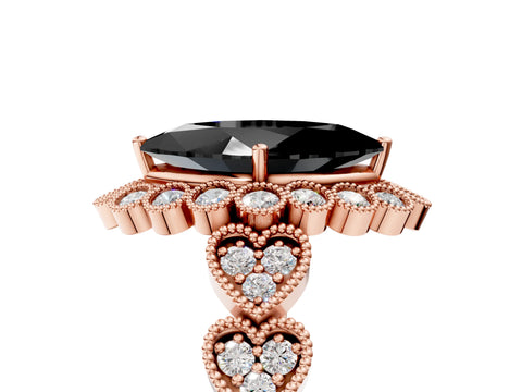 Rose gold Fancy Black Marquise Cut Brilliant Milgrain Pave Heart Band Solitaire Ring_5