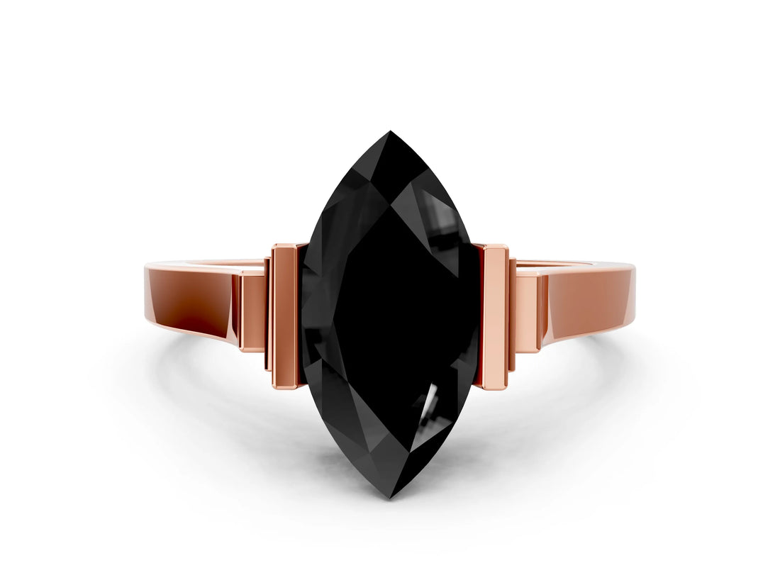 Rose gold Fancy Black Marquise Cut Brilliant Solitaire Diamond Ring with Channel Set Band and Bar Prong Setting_12