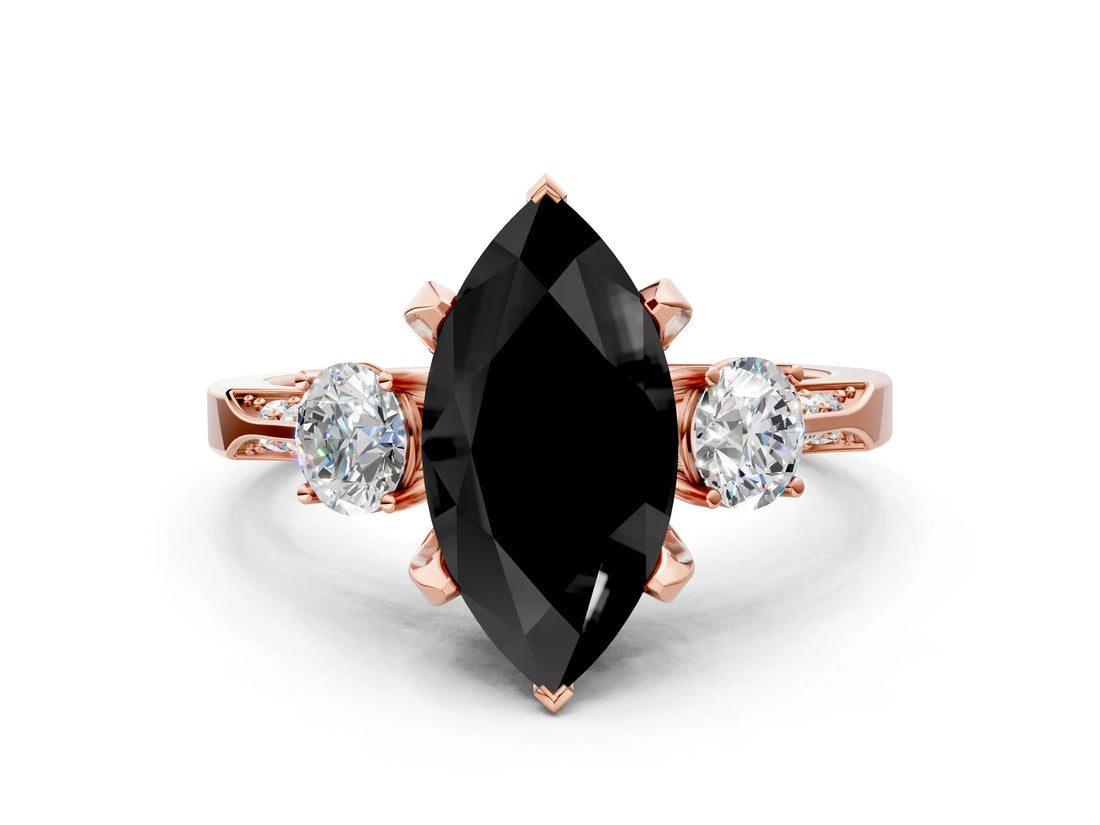 Rose gold Fancy Black Marquise Cut Brilliant Three-Stone Diamond Ring with Pavé Band and Four-Prong Setting_3
