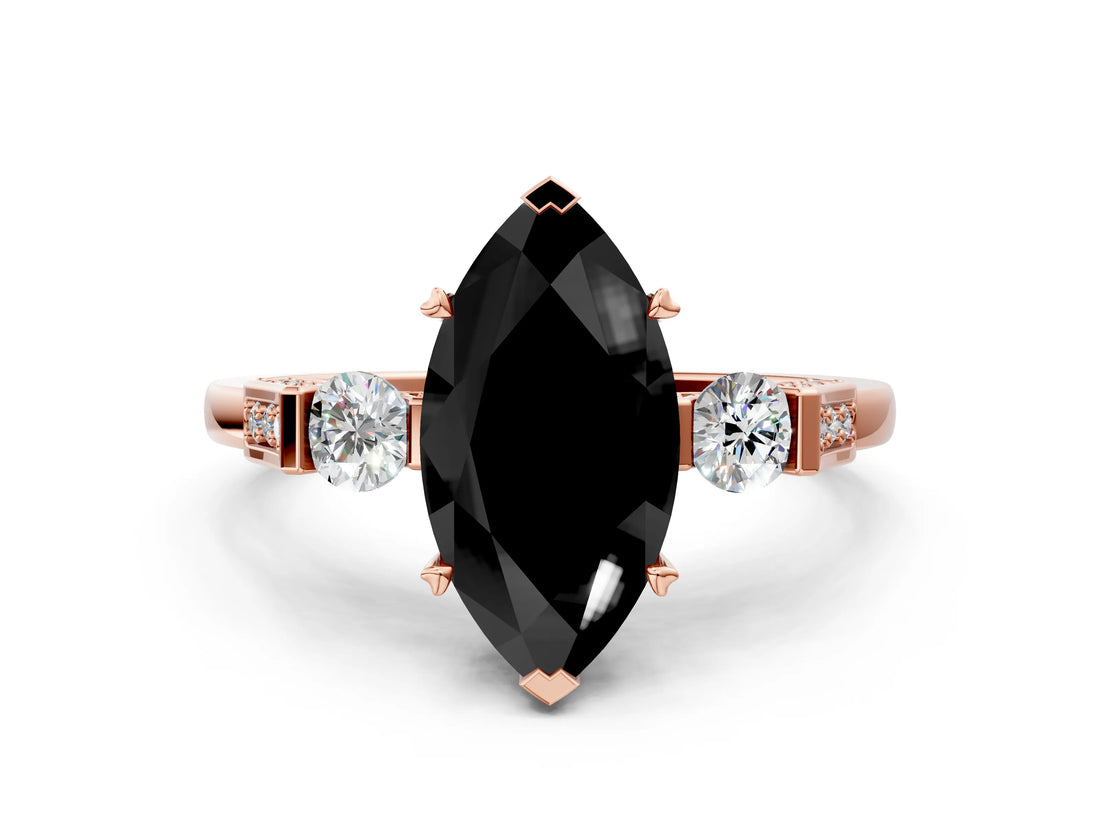 Rose gold Fancy Black Marquise Cut Brilliant Three-Stone Pave Band with Four-Prong Setting