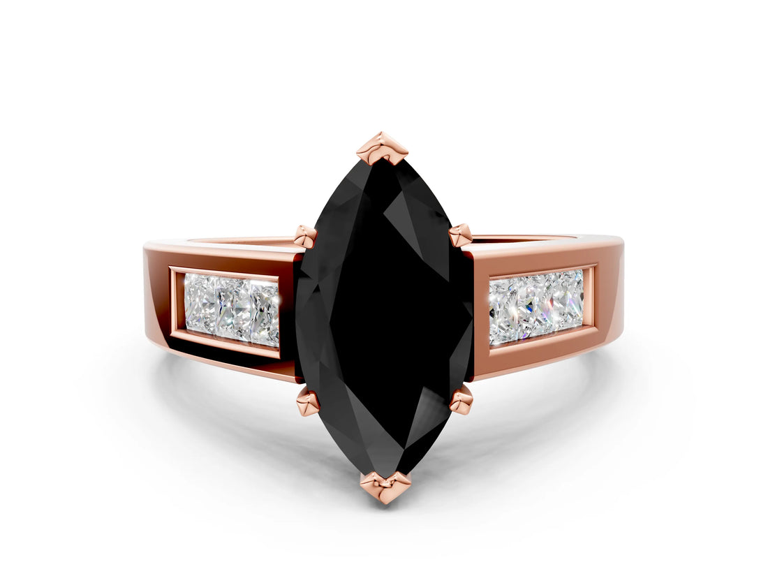Rose gold Fancy Black Marquise Cut Cut Channel Set Solitaire Ring with Four-Prong Setting