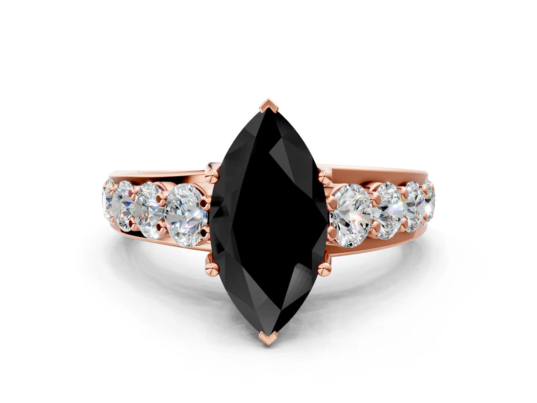 Rose gold Fancy Black Marquise Cut Cut Diamond Engagement Ring with Pavé Band and Four-Prong Setting