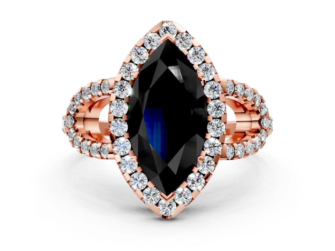 Rose gold Fancy Black Marquise Cut Cut Diamond Halo Engagement Ring with Open Split Pavé Band