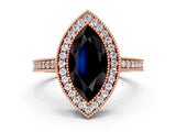 Rose gold Fancy Black Marquise Cut-Cut Diamond Halo Engagement Ring with Pave Band and Prong Setting