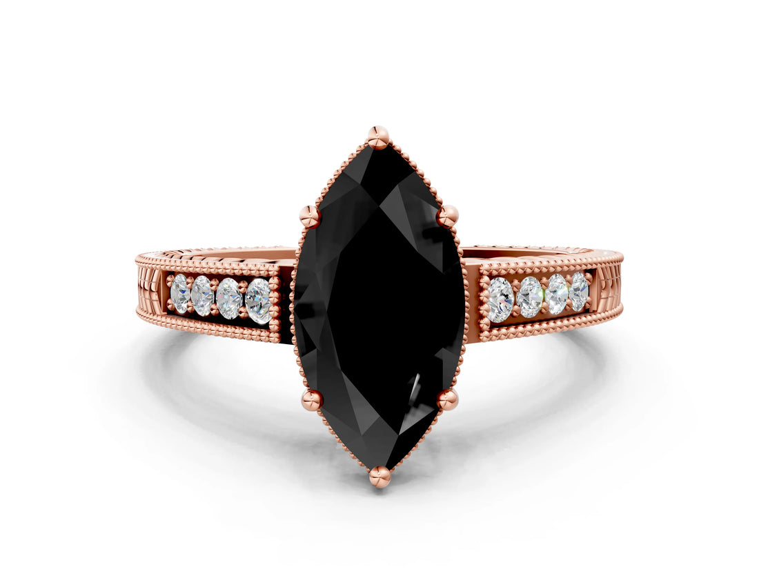 Rose gold Fancy Black Marquise Cut Cut Diamond Milgrain Pave Band Four-Prong Setting Ring_3