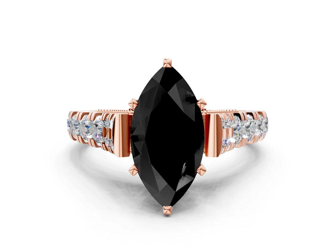 Rose gold Fancy Black Marquise Cut Cut Diamond Pavé Band Solitaire with Four-Prong Setting