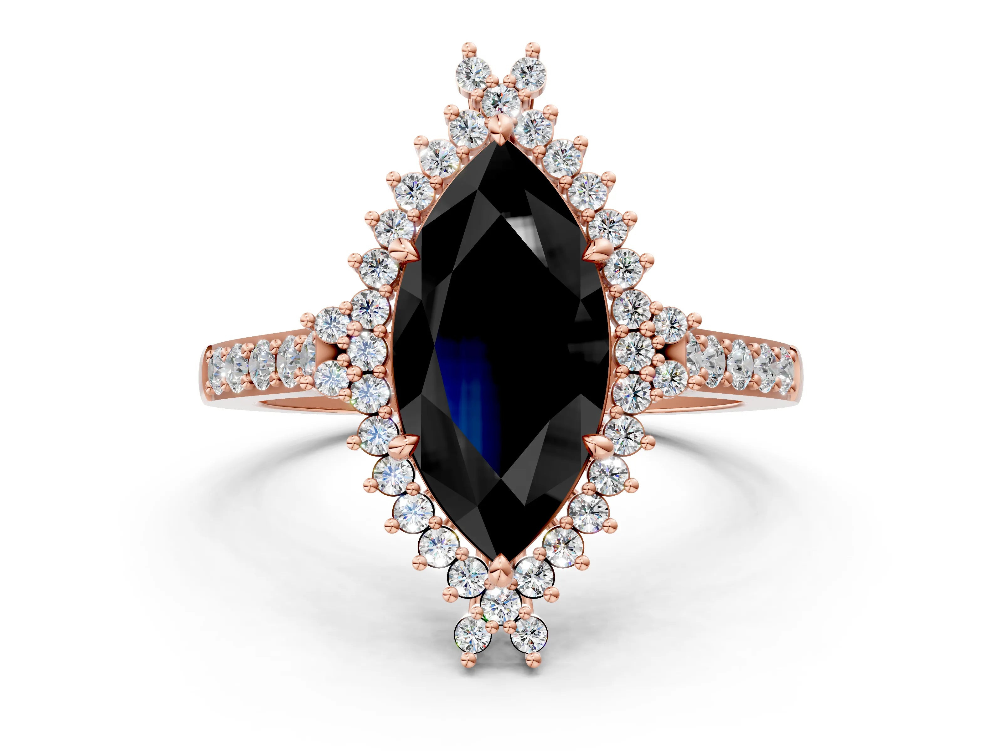 Rose gold Fancy Black Marquise Cut Cut Diamond Sunburst Halo Engagement Ring with Pavé Band