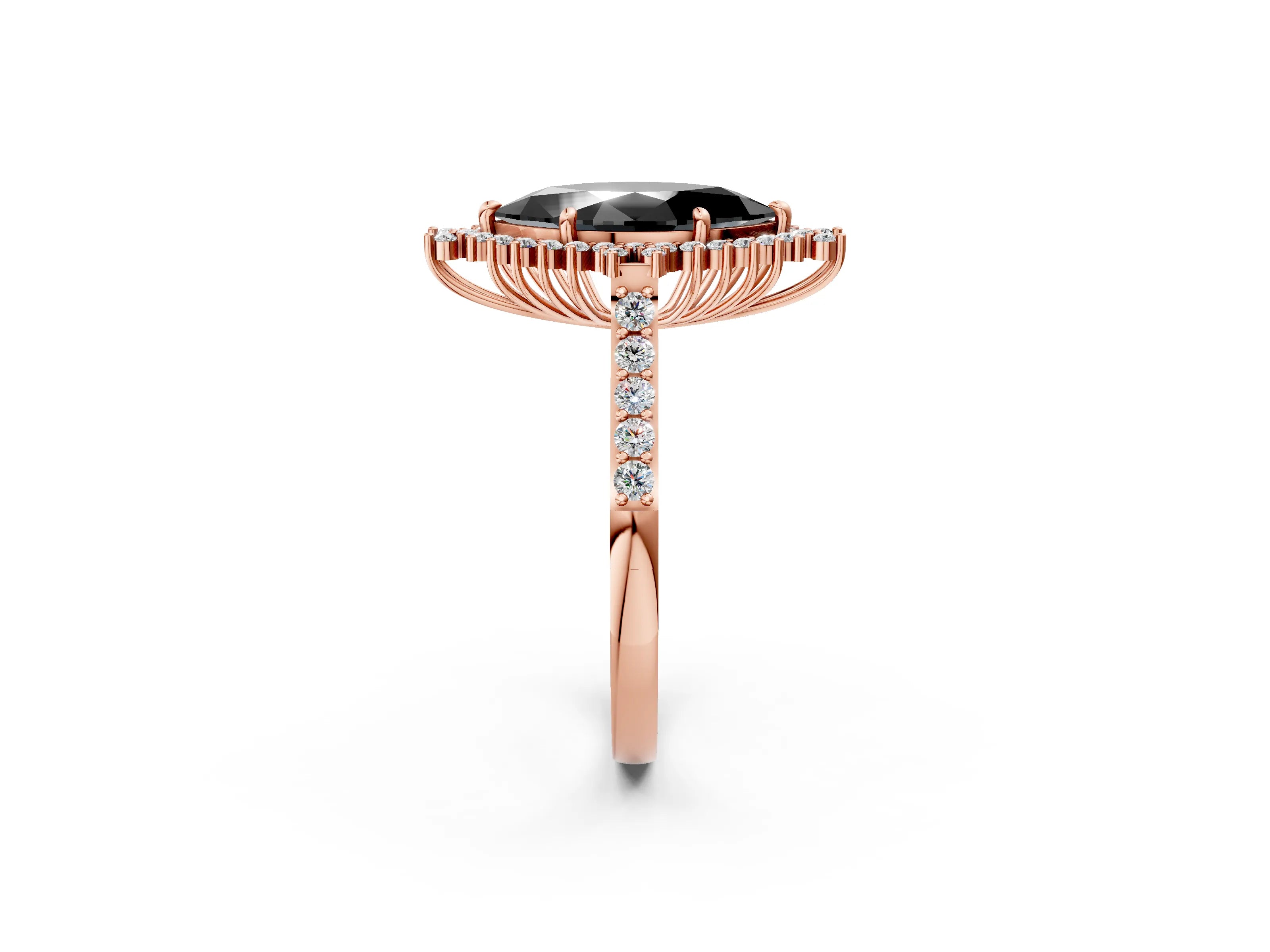 Rose gold Fancy Black Marquise Cut Cut Diamond Sunburst Halo Engagement Ring with Pavé Band_2