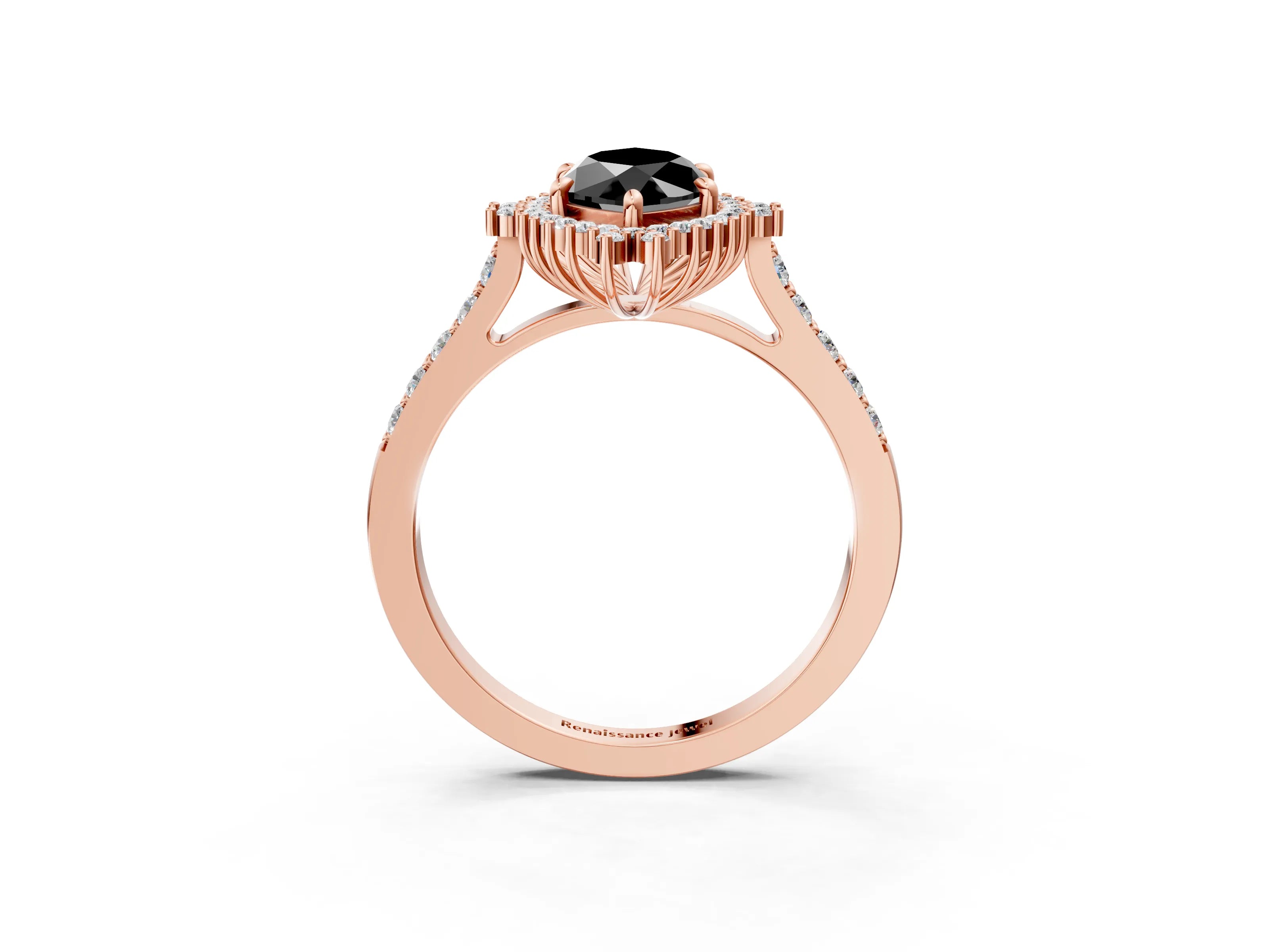Rose gold Fancy Black Marquise Cut Cut Diamond Sunburst Halo Engagement Ring with Pavé Band_3
