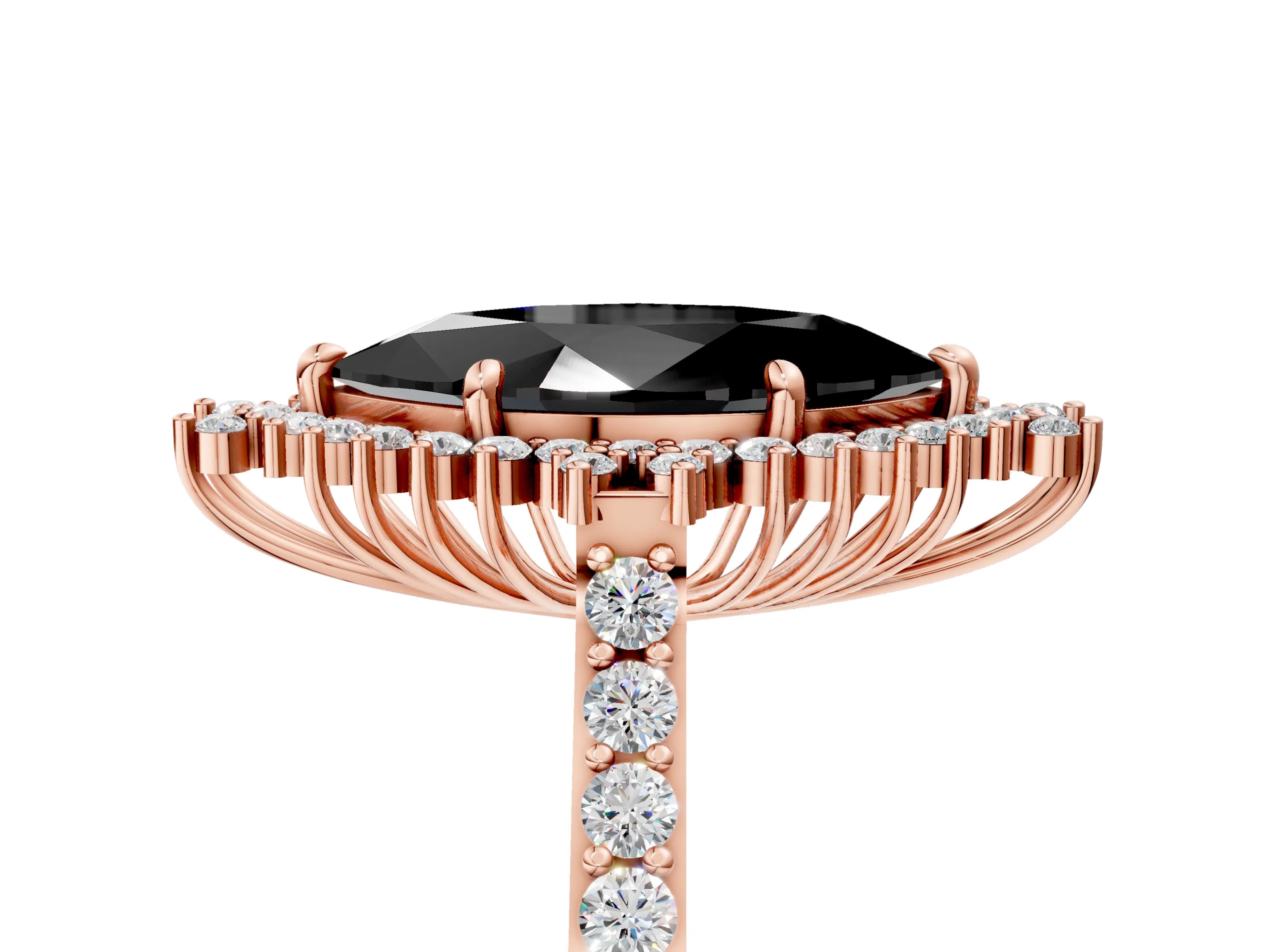Rose gold Fancy Black Marquise Cut Cut Diamond Sunburst Halo Engagement Ring with Pavé Band_5